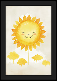 Akvarellillustration av sol med leende ansikte och gula toner-4