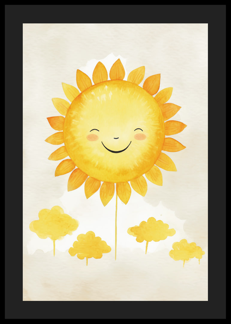 Akvarellillustration av sol med leende ansikte och gula toner-12