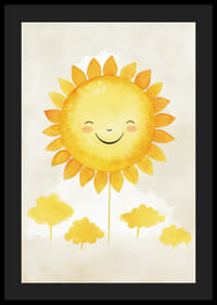 Ilustrație în acuarelă a soarelui cu o față zâmbitoare și tonuri de galben-4