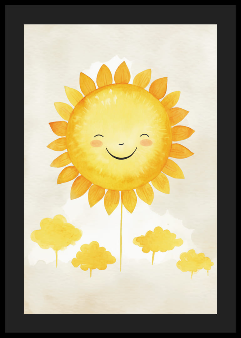 Ilustrație în acuarelă a soarelui cu o față zâmbitoare și tonuri de galben-12