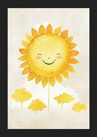 Akvarellillustration av sol med leende ansikte och gula toner-5