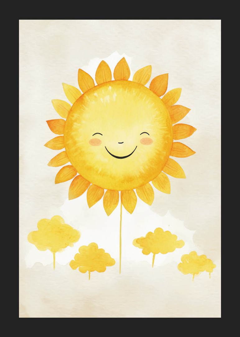Akvarellillustration av sol med leende ansikte och gula toner-12