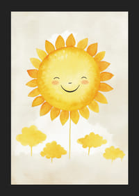 Ilustrație în acuarelă a soarelui cu o față zâmbitoare și tonuri de galben-5