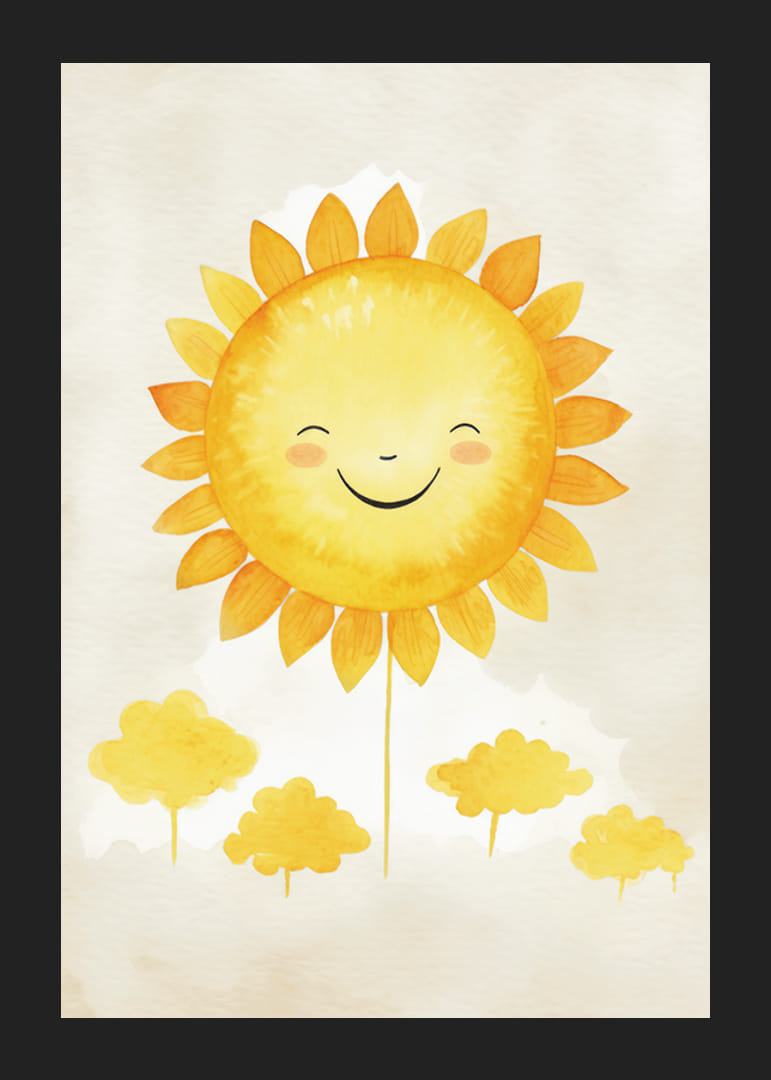 Ilustrație în acuarelă a soarelui cu o față zâmbitoare și tonuri de galben-12