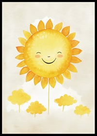 Akvarellillustration av sol med leende ansikte och gula toner-6