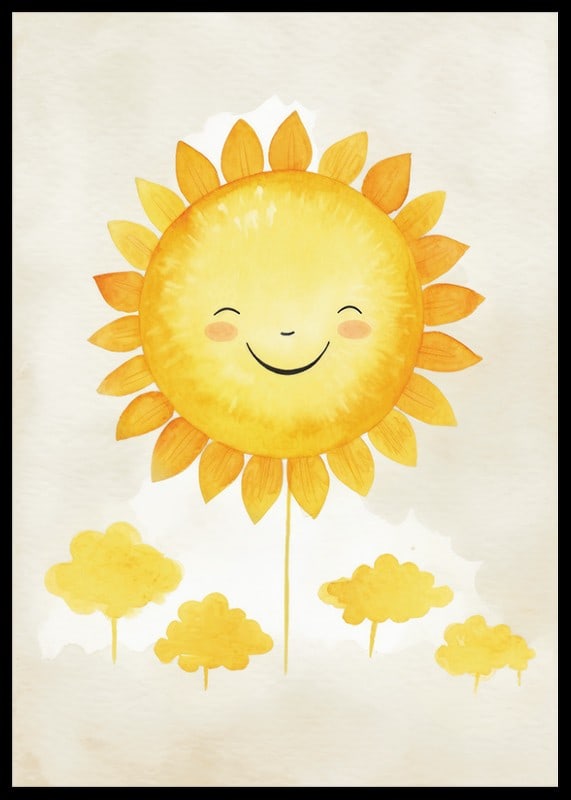 Akvarellillustration av sol med leende ansikte och gula toner-12