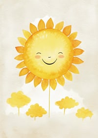 Akvarellillustration av sol med leende ansikte och gula toner-7
