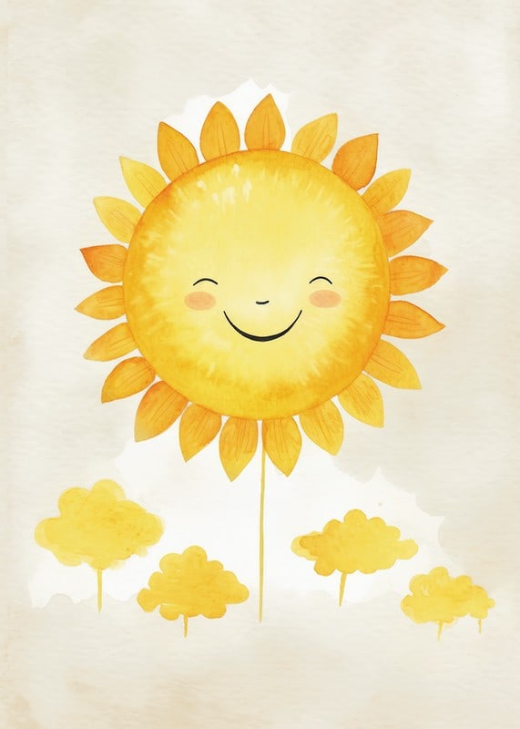 Akvarellillustration av sol med leende ansikte och gula toner-12