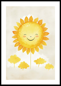 Akvarellillustration av sol med leende ansikte och gula toner-0