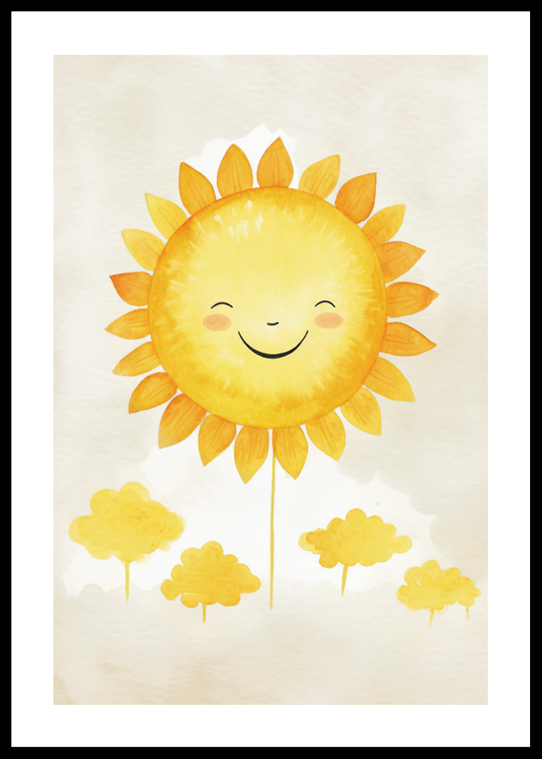 Akvarellillustration av sol med leende ansikte och gula toner-12