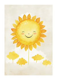 Akvarellillustration av sol med leende ansikte och gula toner-1