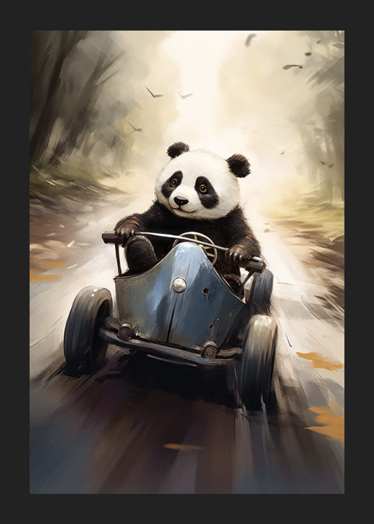 Panda ilustrat într-o mașină de jucărie albastră pe un drum forestier cu iluminare difuză-12