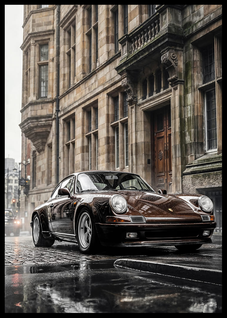 Klasyczny czarny Porsche 911 przed zabytkową kamienną fasadą-12