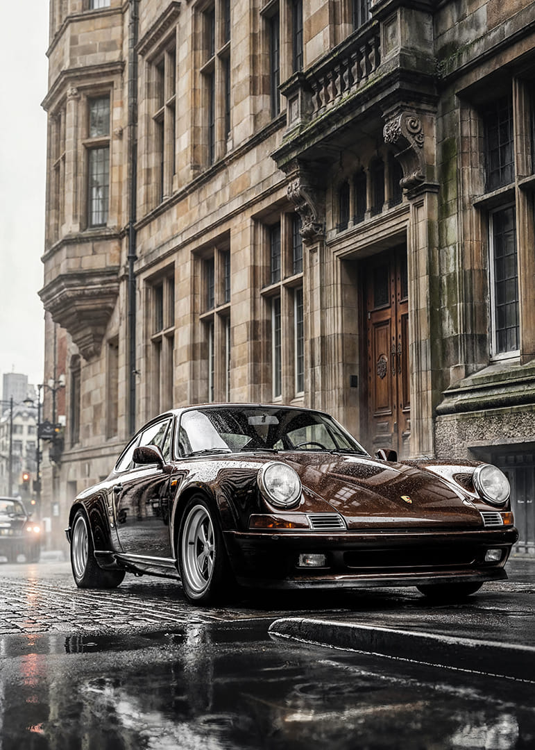 Klasyczny czarny Porsche 911 przed zabytkową kamienną fasadą-12