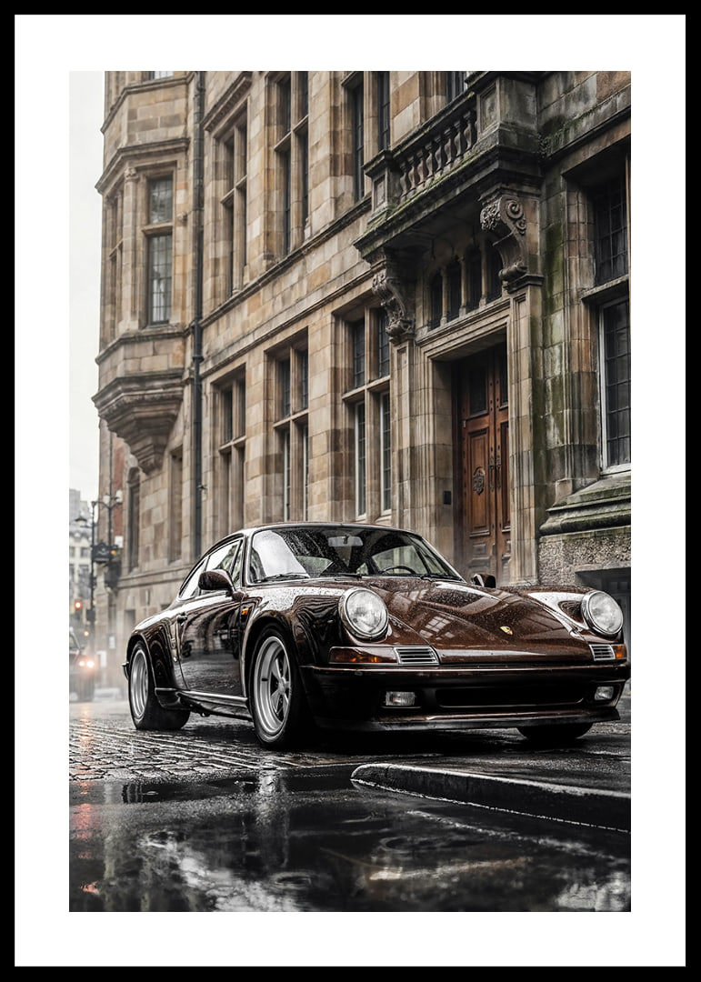 Classic black Porsche 911 in front of historic stone facade-12