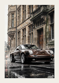 Classic black Porsche 911 in front of historic stone facade-3