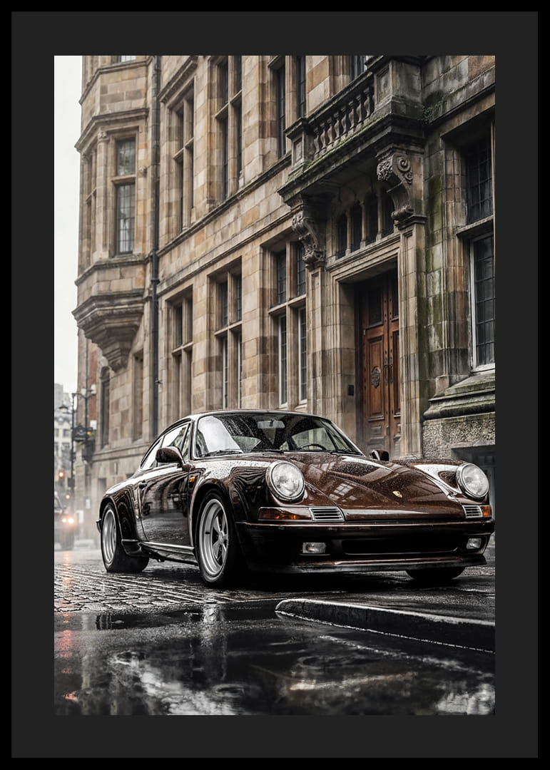 Classic black Porsche 911 in front of historic stone facade-12