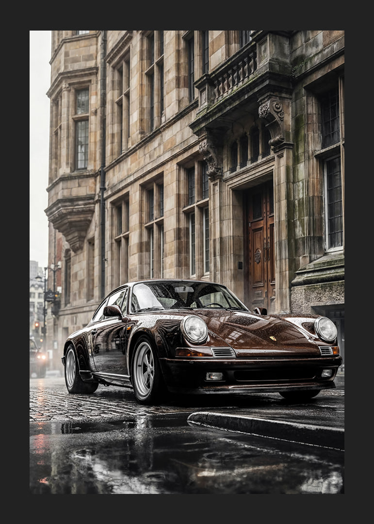 Classic black Porsche 911 in front of historic stone facade-12