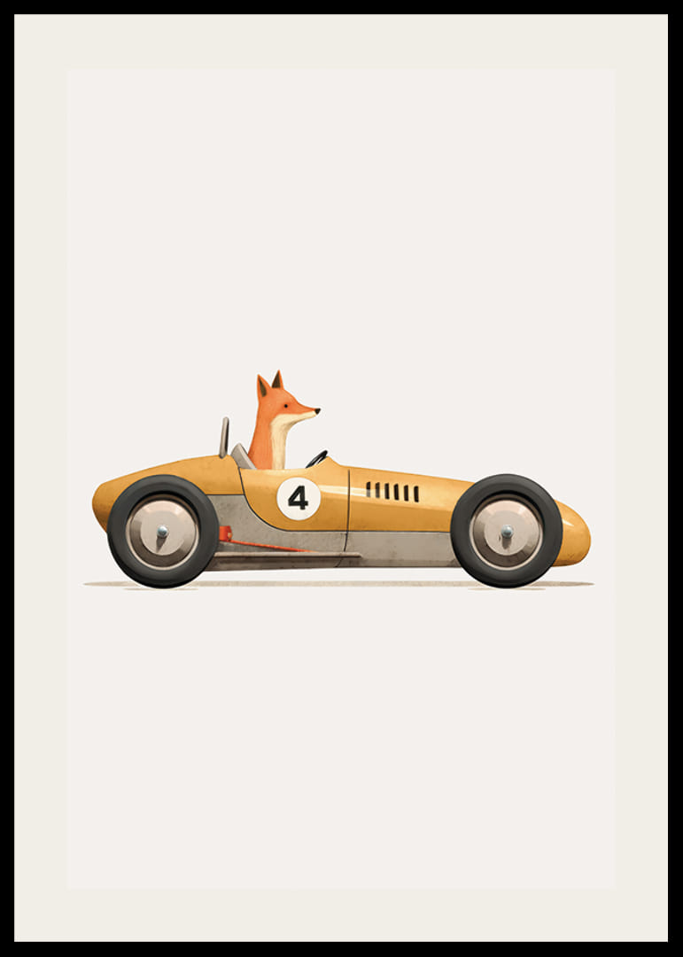 Volpe illustrata che guida una macchinina gialla su sfondo bianco-12