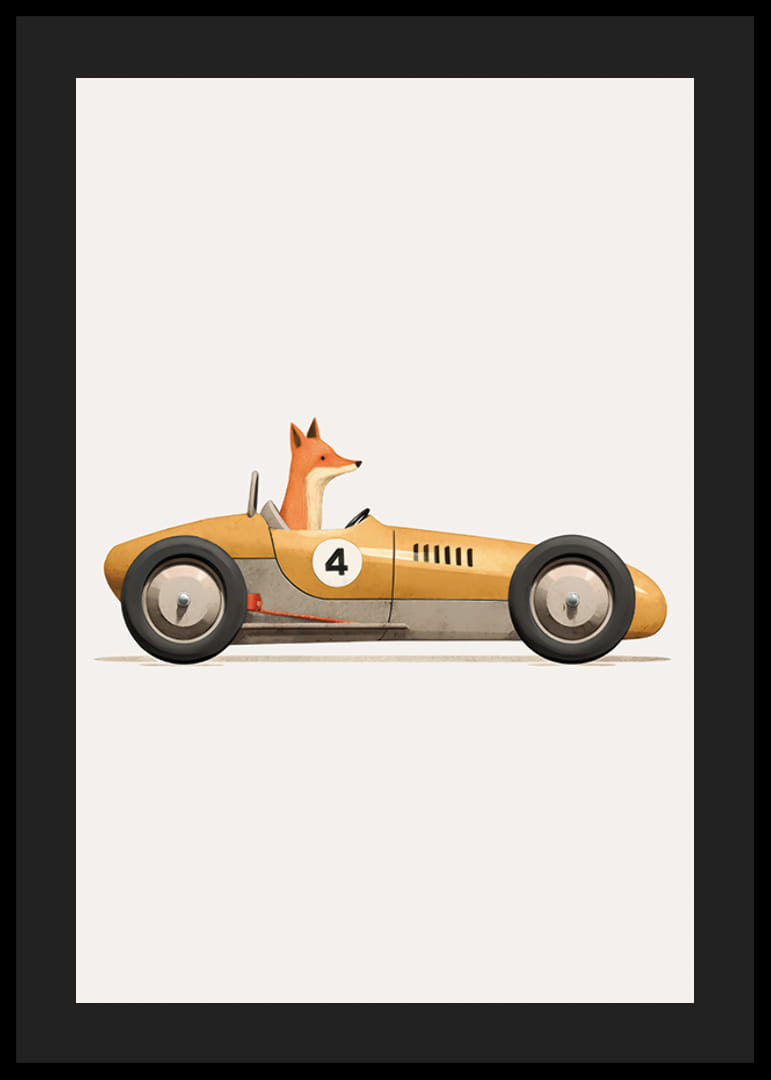 Volpe illustrata che guida una macchinina gialla su sfondo bianco-12