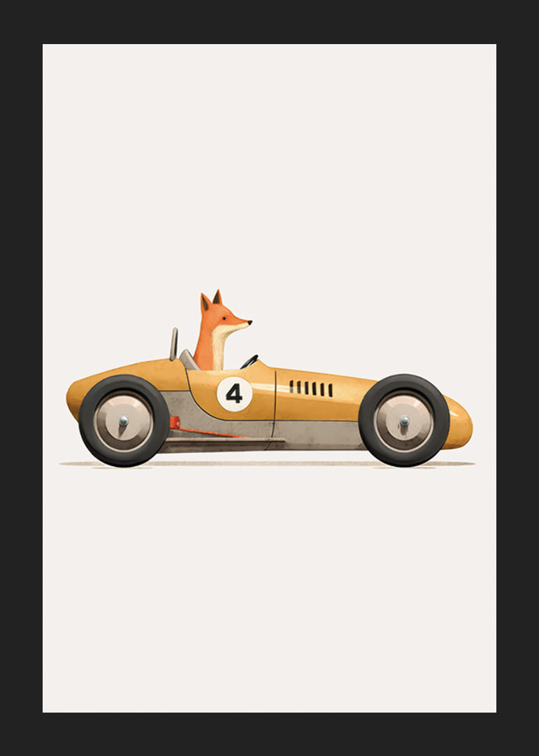 Volpe illustrata che guida una macchinina gialla su sfondo bianco-12