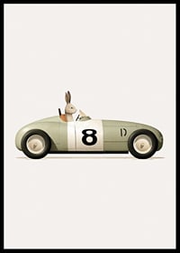 Illustrated rabbit in green toy car with the number eight-6