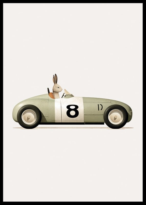Illustrated rabbit in green toy car with the number eight-12