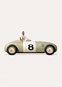 Illustrated rabbit in green toy car with the number eight-7