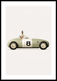Illustrated rabbit in green toy car with the number eight-0