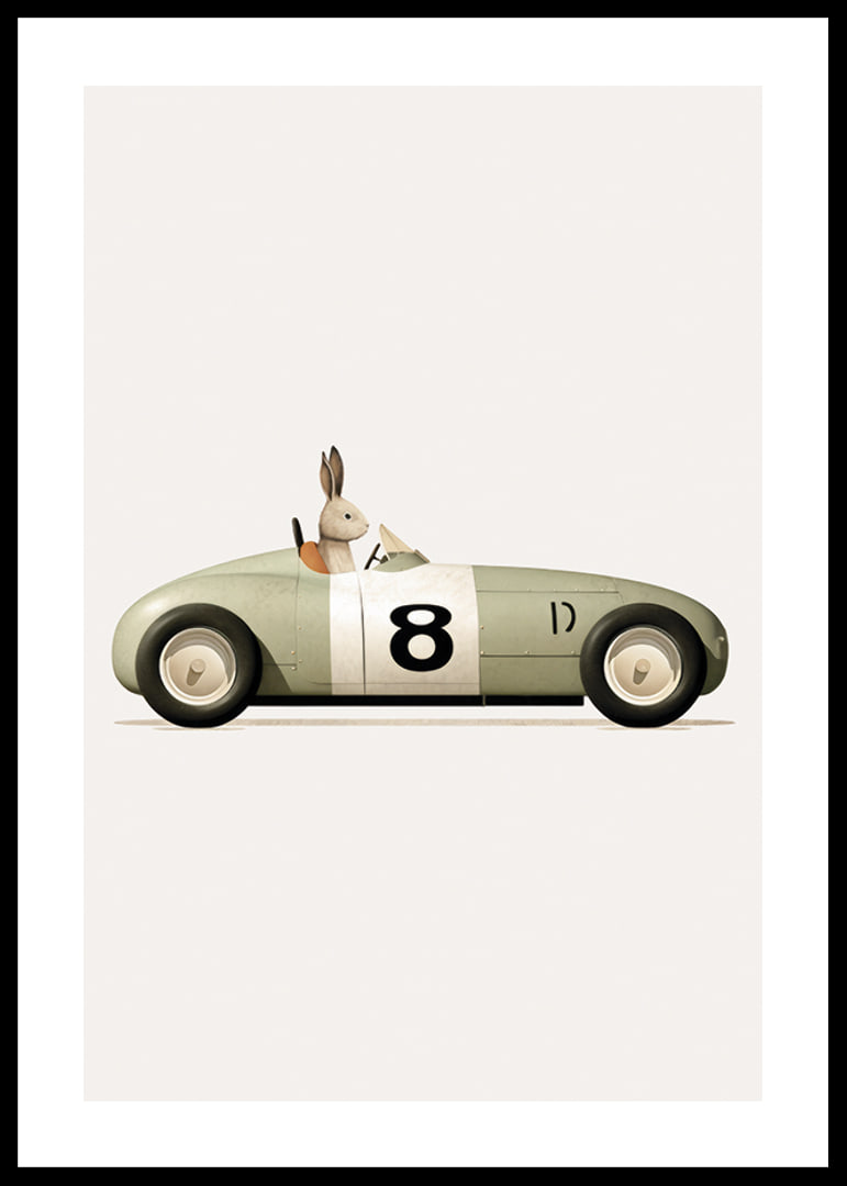 Illustrated rabbit in green toy car with the number eight-12