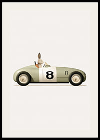 Illustrated rabbit in green toy car with the number eight-2