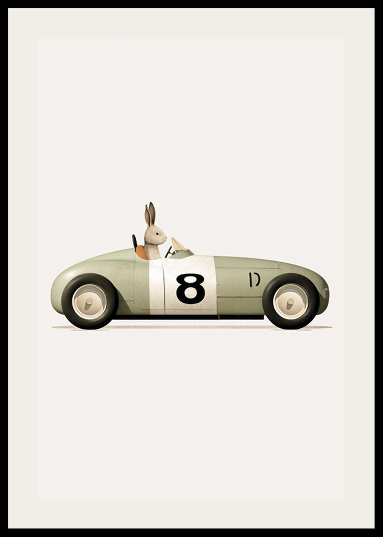 Illustrated rabbit in green toy car with the number eight-12