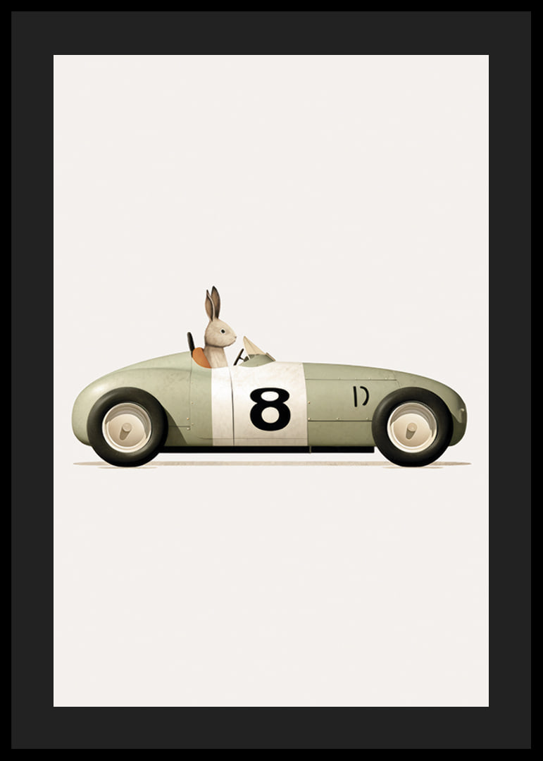 Illustrated rabbit in green toy car with the number eight-12