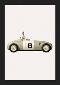 Illustrated rabbit in green toy car with the number eight-5