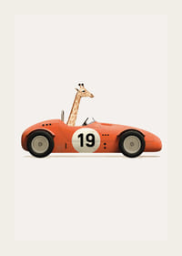 Illustrerad giraff som kör en röd leksaksbil med siffran 19-3