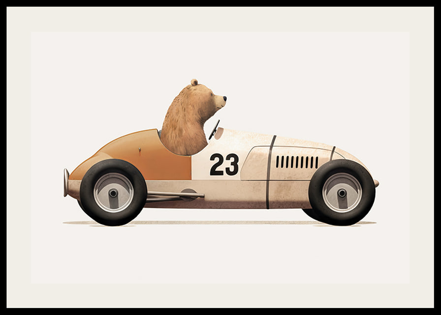 Illustrated bear driving toy car in brown and beige tones-12