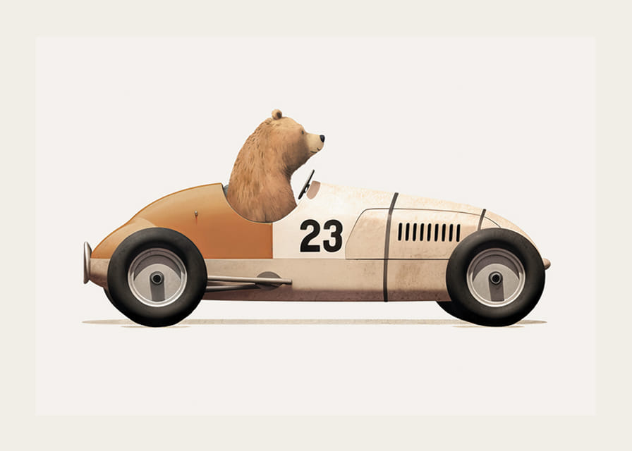 Illustrated bear driving toy car in brown and beige tones-12