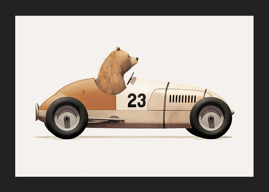 Illustrated bear driving toy car in brown and beige tones-12