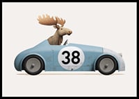 Illustrated moose driving blue toy car with number 38-6