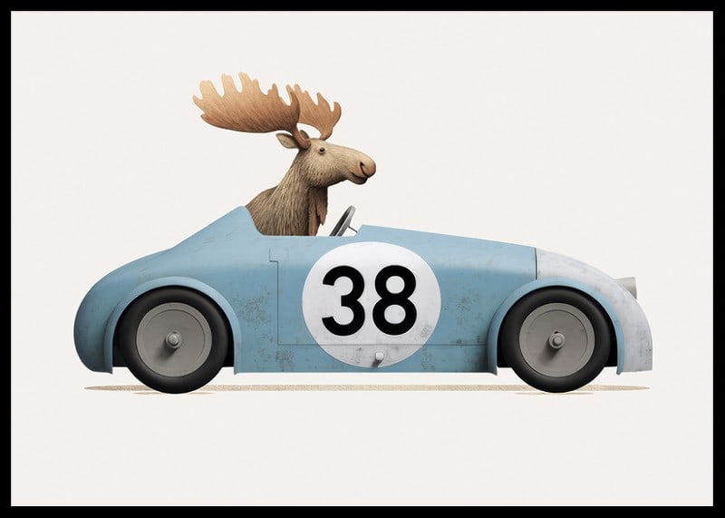Illustrated moose driving blue toy car with number 38-12