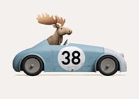 Illustrated moose driving blue toy car with number 38-7