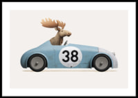 Illustrated moose driving blue toy car with number 38-0