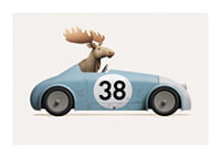 Illustrated moose driving blue toy car with number 38-1