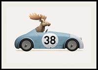 Illustrated moose driving blue toy car with number 38-2
