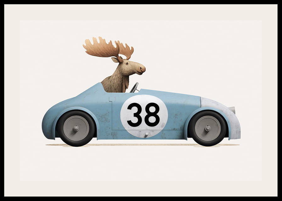 Illustrated moose driving blue toy car with number 38-12