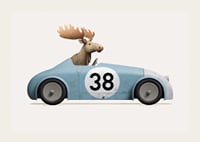 Illustrated moose driving blue toy car with number 38-3