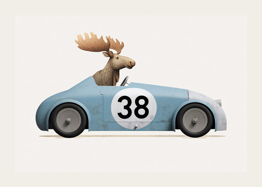Illustrated moose driving blue toy car with number 38-12