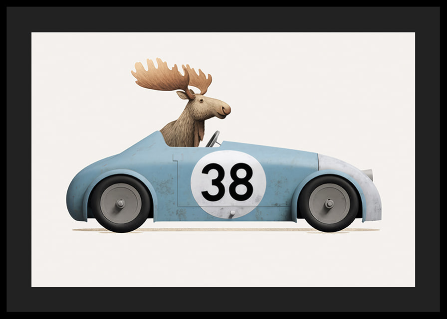 Illustrated moose driving blue toy car with number 38-12