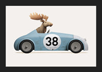 Illustrated moose driving blue toy car with number 38-5