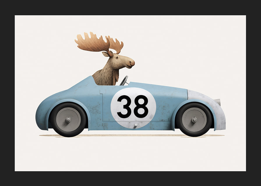 Illustrated moose driving blue toy car with number 38-12